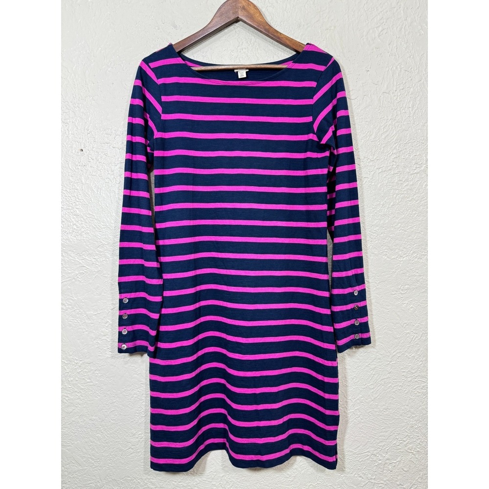 Hatley Shift Dress M 100% Cotton Orchid Stripe Button Cuff Preppy Coastal Resort